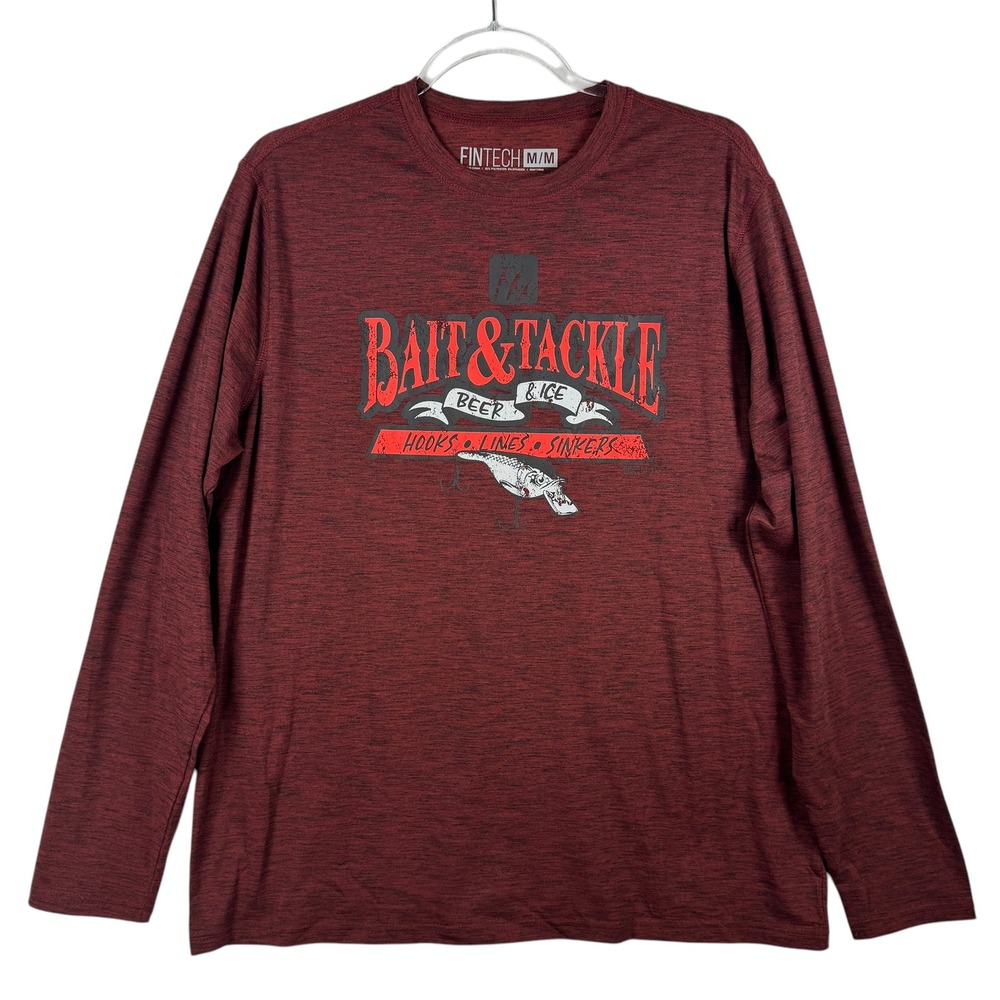 FINTECH Fishing Long Sleeve T-Shirt Bait & Tackle Graphic Tee Mens Medium Red